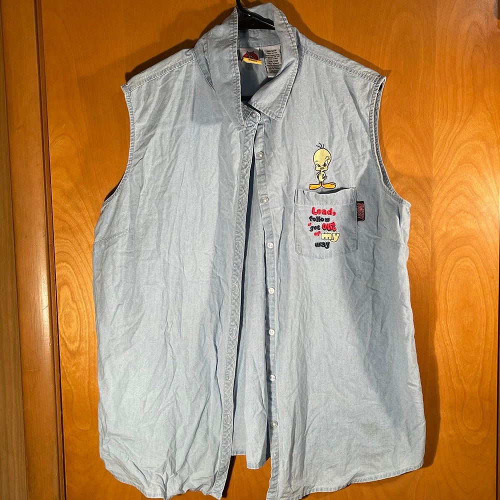 Vintage Looney Tunes Sleeveless Denim Shirt Tweety Sylvester Womens Size 18W/20W